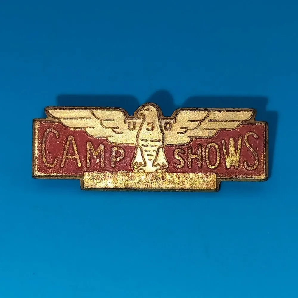 Vintage USO Camp Shows Eagle Pinback Badge Bastian Bros Military Pin
